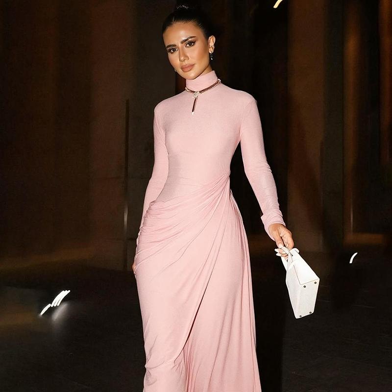 Women's Solid Mock Neck Ruched Long Sleeve Bodycon Dress, Elegant Back Cut Out Button Slim Fit Maxi Dress, Party Club Date Evening Formal Dress, Elegant modesty dress, Spring Fall Winter Holiday Daily Casual Dresses For Outdoor