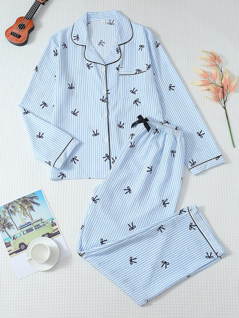Women's Striped Long Sleeve Pajama Set with Bow Prints, Sweet Cute Button Front Top and Pants, Casual Home Wear Loungewear for All Seasons Women's Striped Long Sleeve Pajama Set with Bow Prints, Sweet Cute Button Front Top and Pants, Casual Home Wear Loungewear for All Seasons