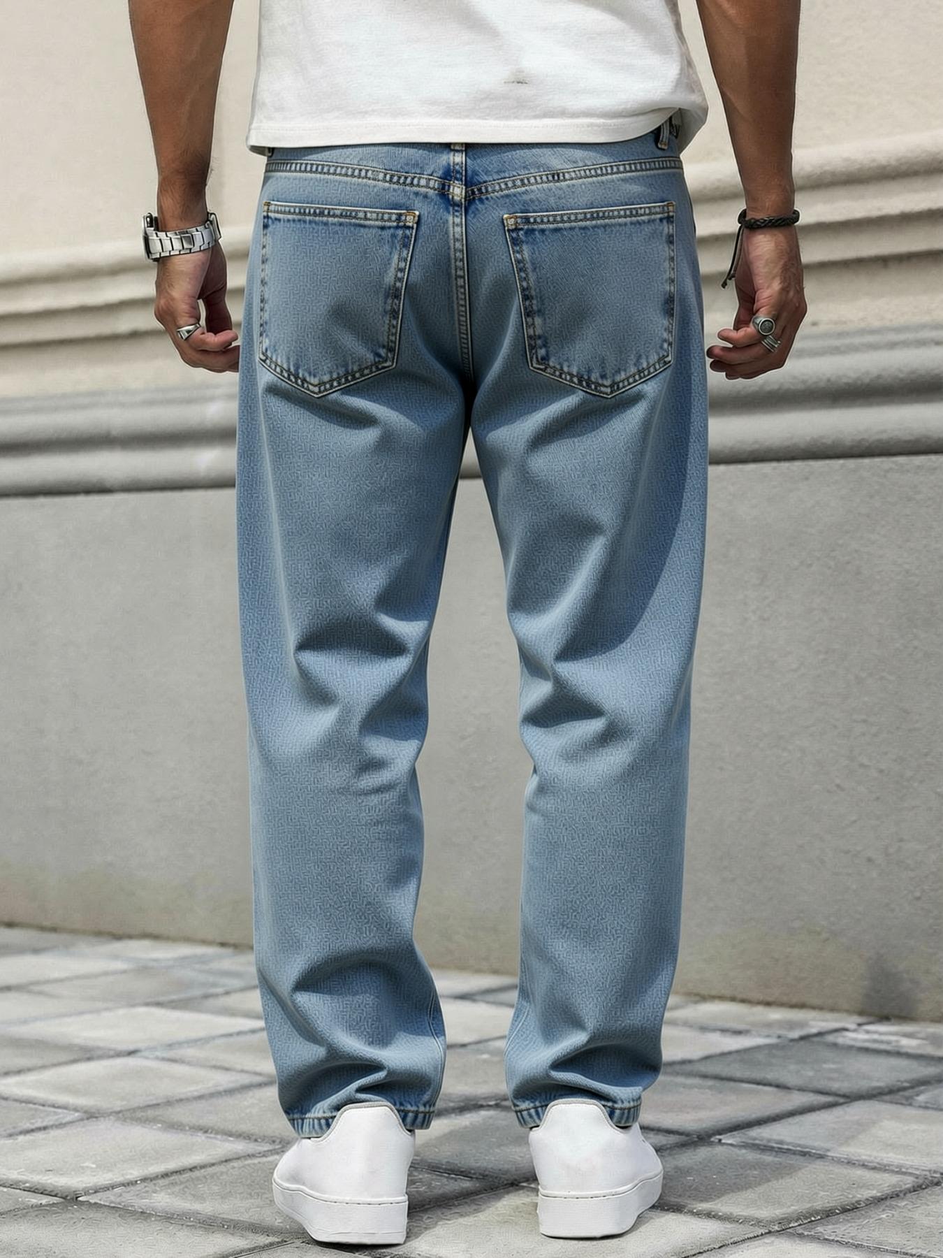 Men's straight-leg jeans, washed and distressed, with embroidered logo details. High-street casual denim pants with a comfortable regular fit. Suitable for daily casual wear, urban street style, and dating fashion looks. A must-have trendy men's pants 🔥