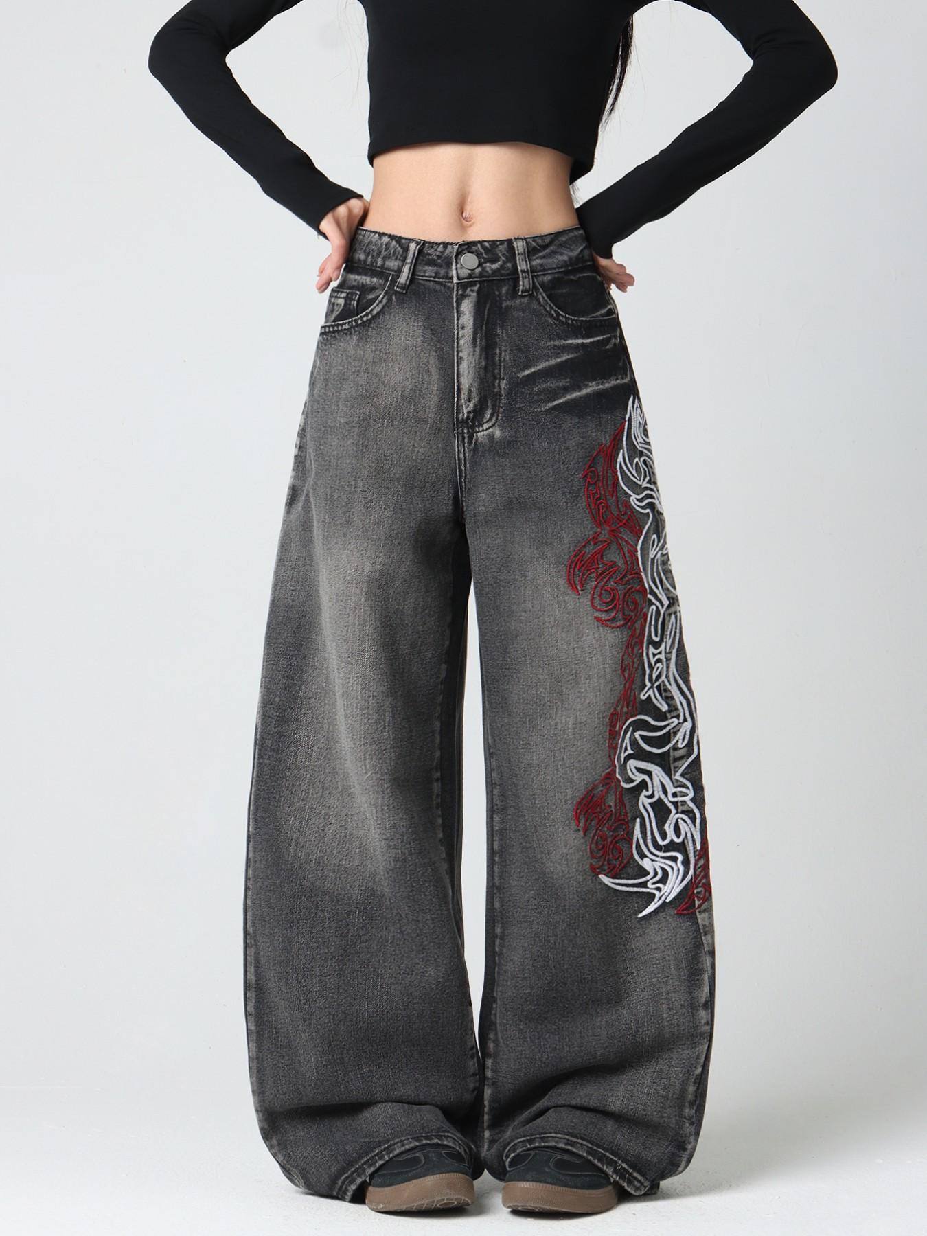 Women's Totem Embroidered Jeans, American Street Style, Comfortable Loose Fit, Trendy Wide Leg Pants, Fashionable All-Season, Casual Comfy Denim, Embroidered Denim Pants, Denim Clothing
