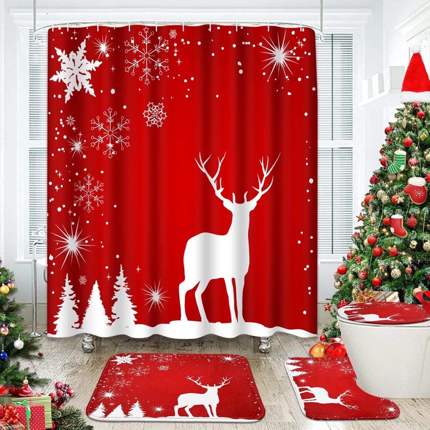 4 Pcs Shower Curtain Set Merry Christmas Happy New Year with Non-Slip Rugs Toilet Lid Cover and Bath Mat Bathroom Decor Set