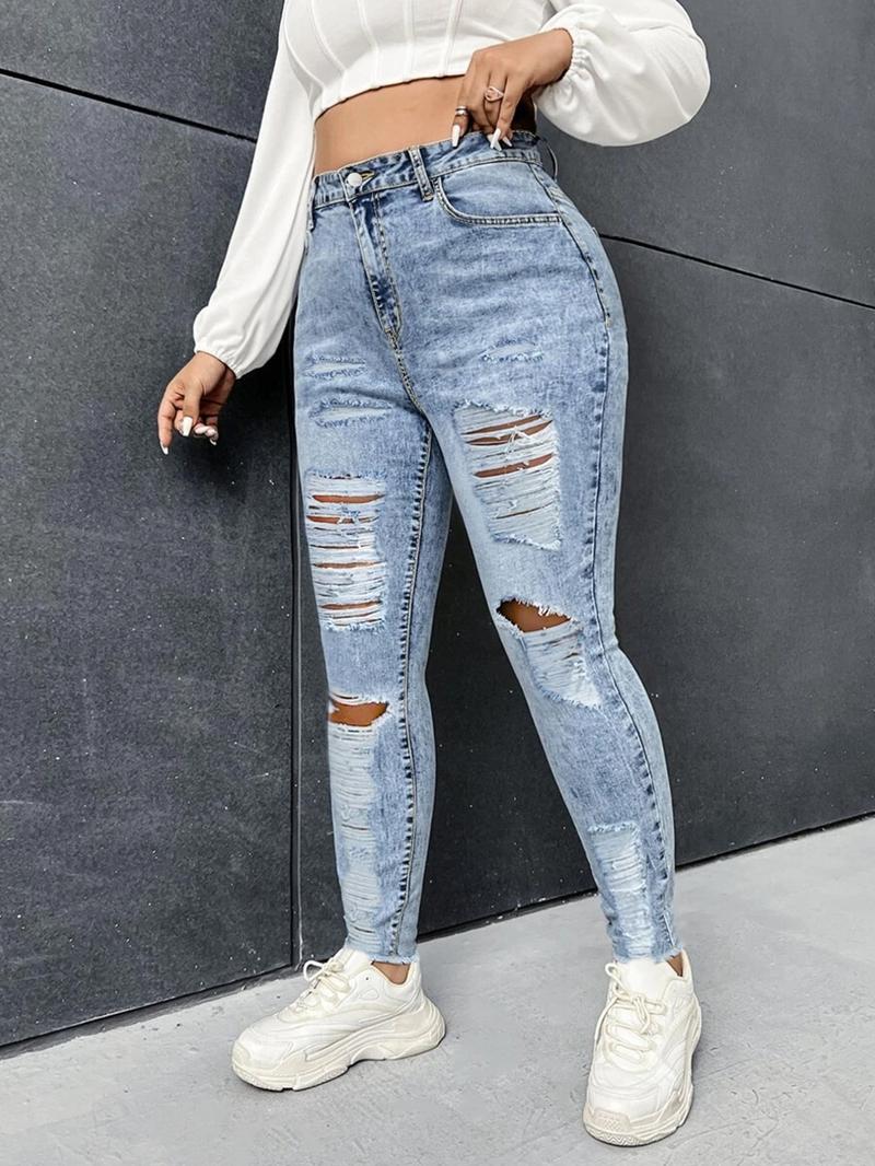 Plus Size Women's Comfortable Elastic Skinny Jeans with Ripped Details, High Waisted Street Style Denim Jeans for All Seasons