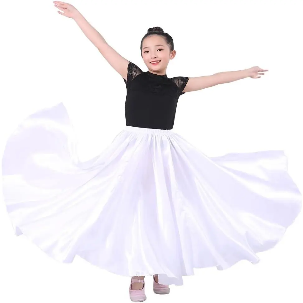 Girls Satin Full Dancing Circle Long Flowy Dance Skirt for Belly Dance, Flamenco, Classical & Folk Dance