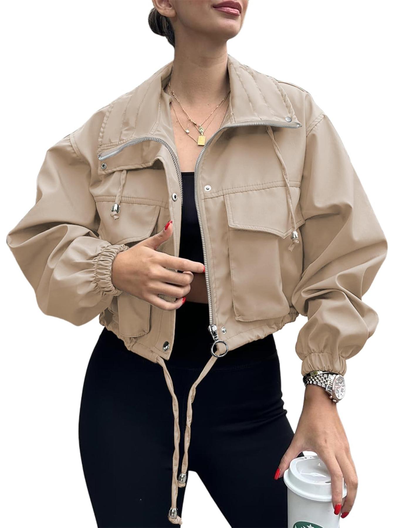 ASWULK Women's Cropped Jacket Zip Up Lightweight Oversized Utility Coat with Pockets for Spring and Fall Wear Adjustable Drawstring Snap Button Zipper