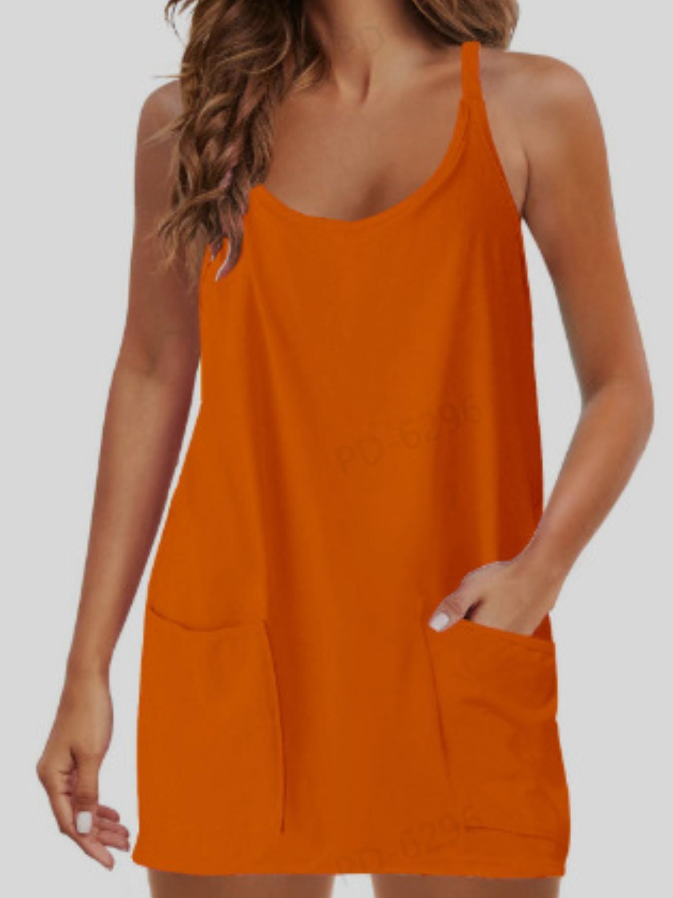 Women's Summer Sleeveless Mini Dress with Built In Shorts, V Neck Spaghetti Straps, Casual Loose-Fitting Dress with Pockets, Beach Travel Dress