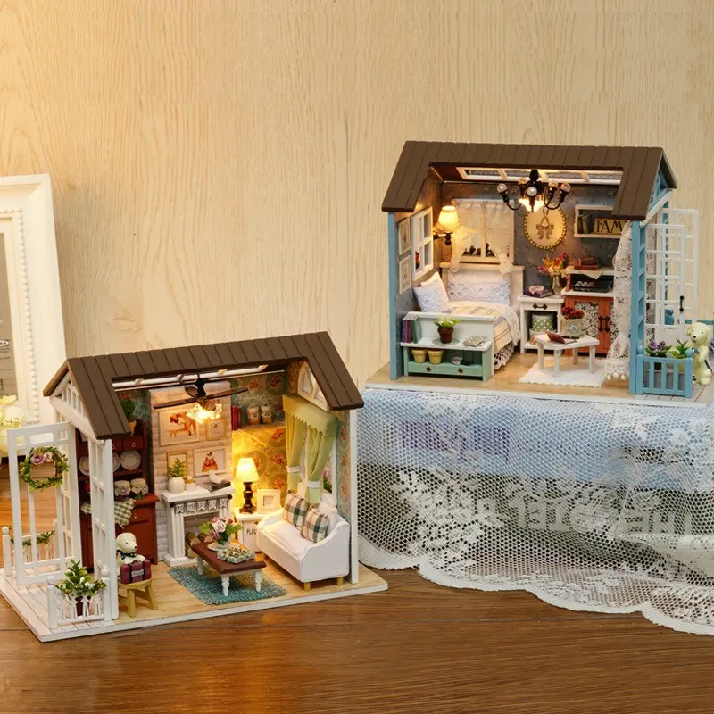 DIY Mini Dollhouse Kit with LED Lights, Wooden Farmhouse Model, Porch and Dog Figurines, Handmade Puzzle, Home Decor Gift for Teens and Adults