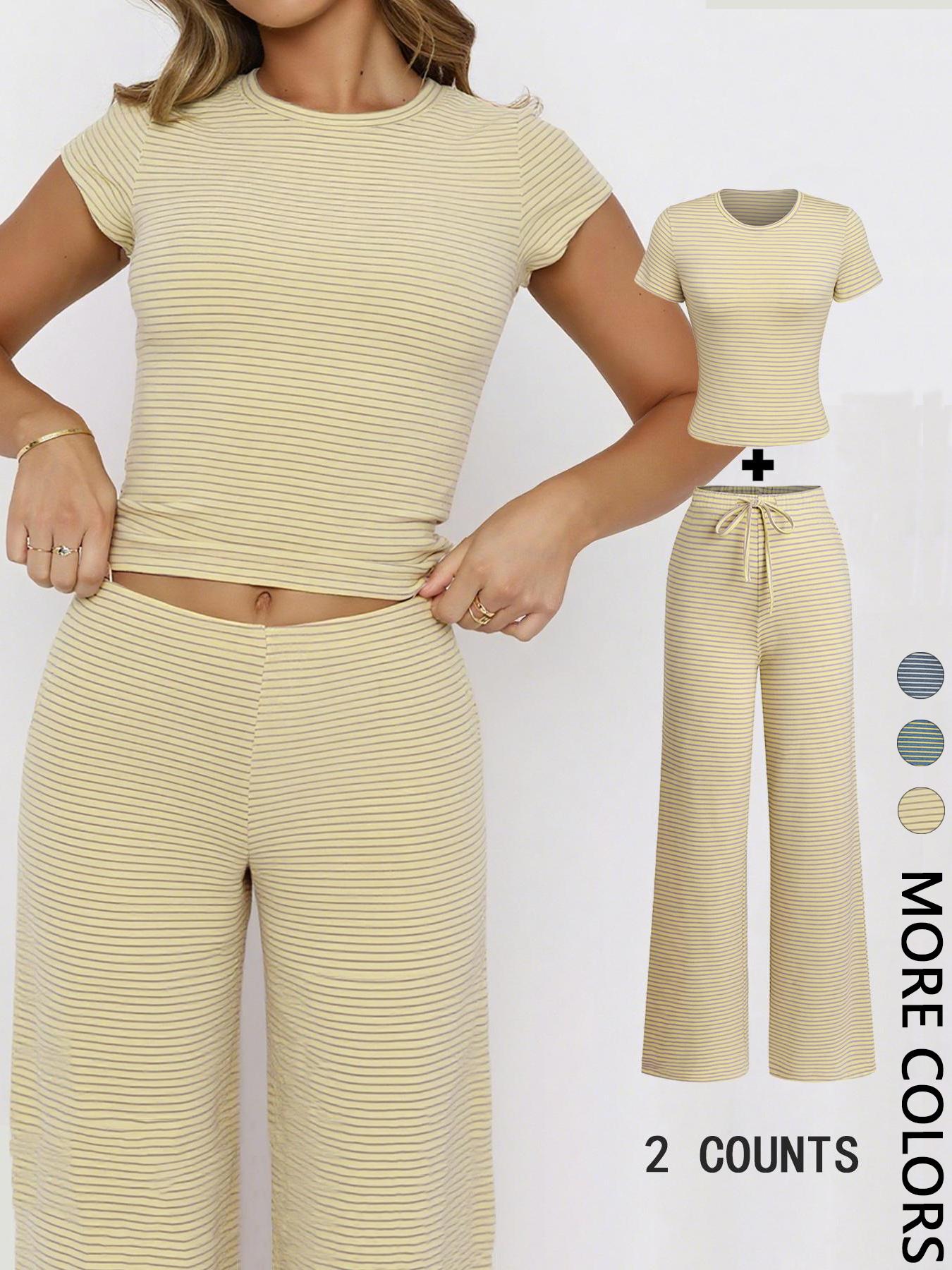 Women's Casual Striped Tee Shirt & Comfortable Pants Set, Stylish Two-Piece for Daily Wear, Perfect for Spring & Fall Seasons