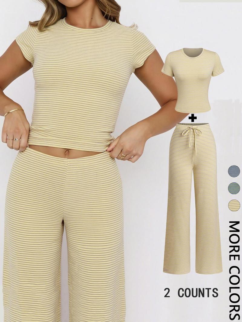 Women's Casual Striped Tee Shirt & Comfortable Pants Set, Stylish Two-Piece for Daily Wear, Perfect for Spring & Fall Seasons