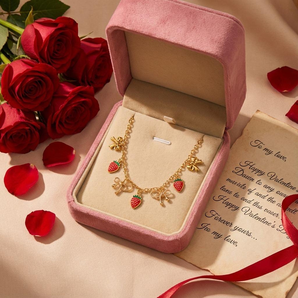 Sweet Bow Strawberry Necklace for Women, Y2K Sweet Cool Style, Lockbone Chain, Fashion Jewelry, Trendy Accessory