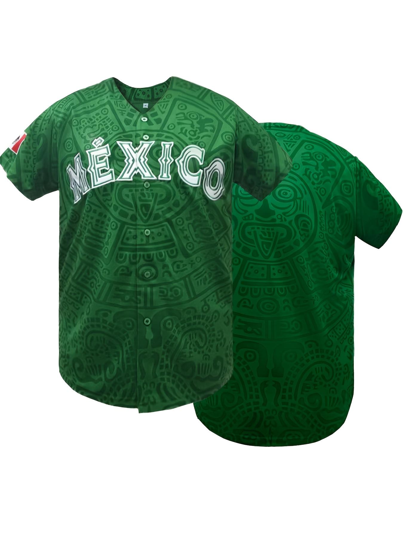 Mexico Men's Letter & Figure Patched Button Short Sleeve Sports Lightweight Stylish Jersey, Loose Breathable Soft Comfort V Neck Top for Baseball, Outdoor Clothing for Soccer Team Birthday Gifts Party Shirt, Athletic Techwear