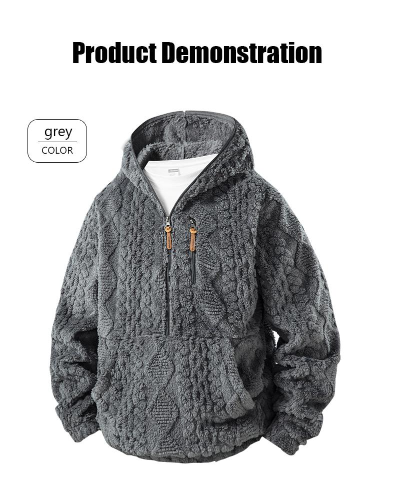 Men's Warm  relaxed fit outer Jacquard Fabric Loose-Fit Full-Zip Hoodie Jacket - Plush Texture Plain Hooded Outer Coat with Decorative Zipper Pull, Kangaroo Pockets, for Outdoor Indoor, Urban Commute, Menswear Tops