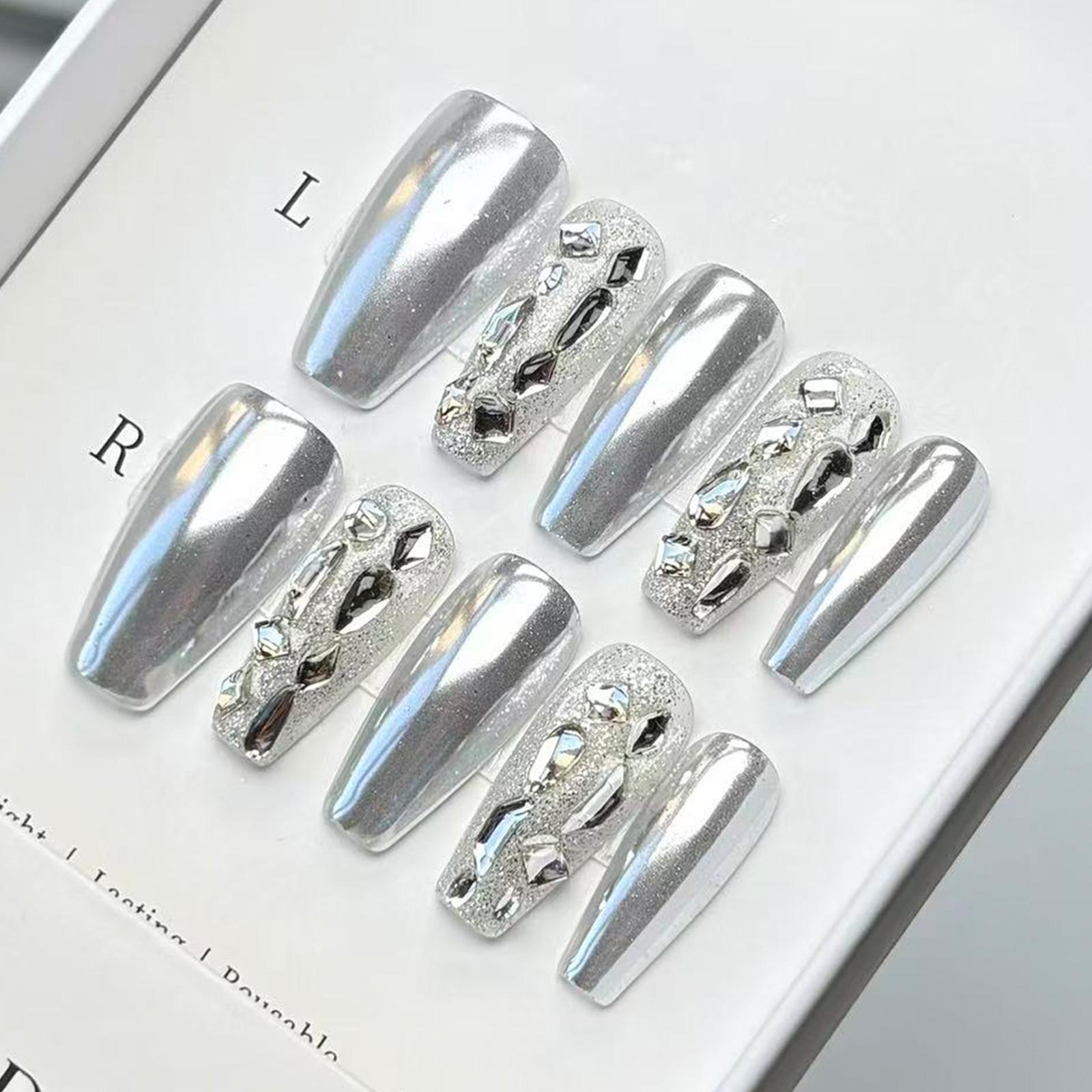 Obsessed With This Edgy Vibe! Custom Full Chrome Silver Press On Fake Nails, Exquisite Hand-Pailed Sparkling Mixed Rhinestone Design, TikTok Viral Hit