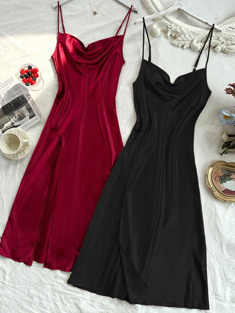 Women's Solid Draped Cowl Neck Cami Nightdress, Casual Comfy Adjustable Spaghetti Strap Nightgown, Ladies Sleepwear for All Seasons, National Day Offers