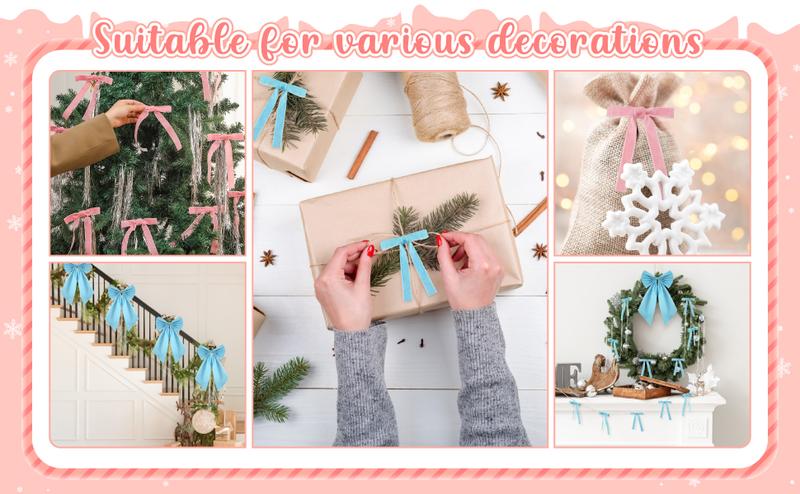 24 Pcs Burgundy Velvet Christmas Tree Bows Door Pink Velvet Bows Christmas Tree Bows Vintage Bow Includes1 Large Satin Christmas Tree Topper with Strands Silver Tinsel Icicles for Christmas Tree Decoration Garland Decor Holiday Wreath Gift Wrapping