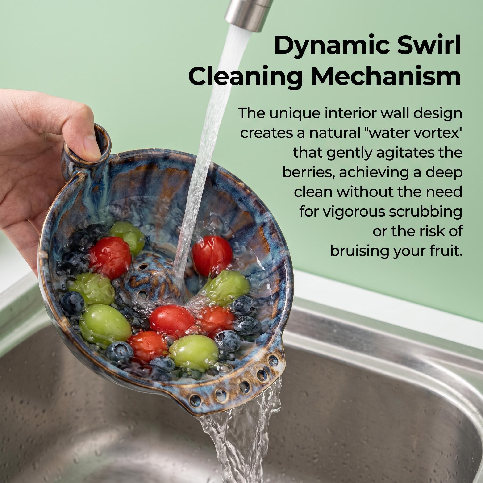 A ceramic berry cleaning bowl with automatic water flow vortex, fruit rinsing and draining bowl, handcrafted-style aesthetic kitchen gift, berry cleaning tool, no more hand-washing fruits, perfect gift item