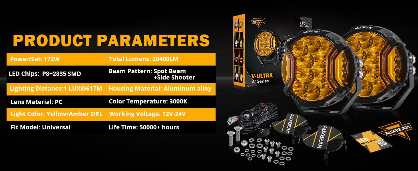 AUXBEAM V-ULTRA Series 5 Inch 172W LED Side Shooter Pod Lights with Amber DRL & IP68 Waterproof for Offroad Vehicles AUXBEAM V-ULTRA Series 5 Inch 172W LED Side Shooter Pod Lights with Amber DRL & IP68 Waterproof for Offroad Vehicles
