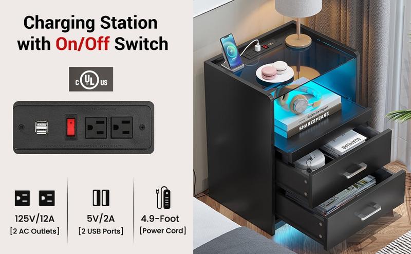 Sikaic LED Nightstand With Charging Station Drawers Furniture Bedroom Table Home Modern Design Bedside Makeup Dressing Desk