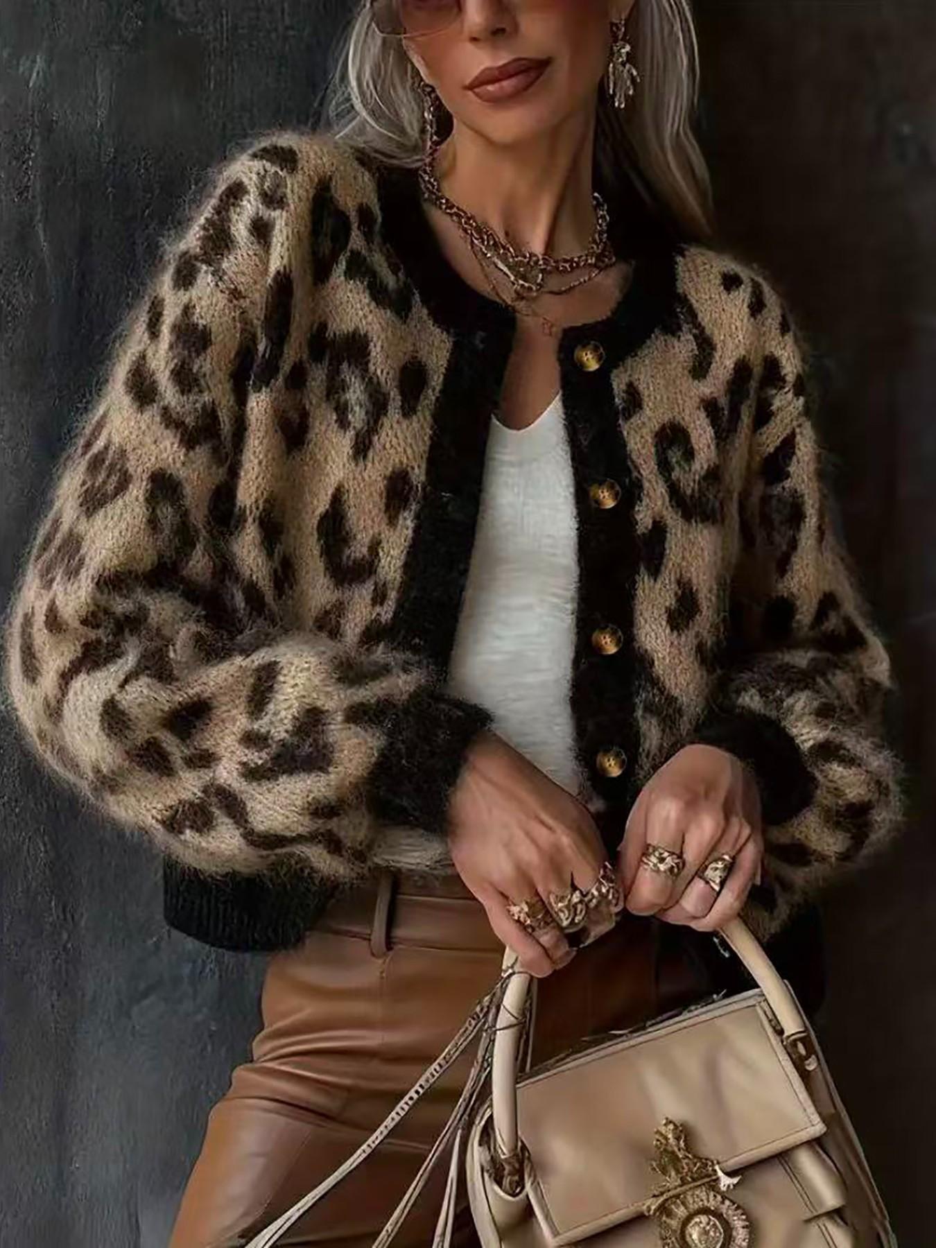 Women's Vintage Leopard Print Knit Cardigan Sweater Knitwear, New Fall/Winter Design, Colorblock Long Sleeve Round Neck Top