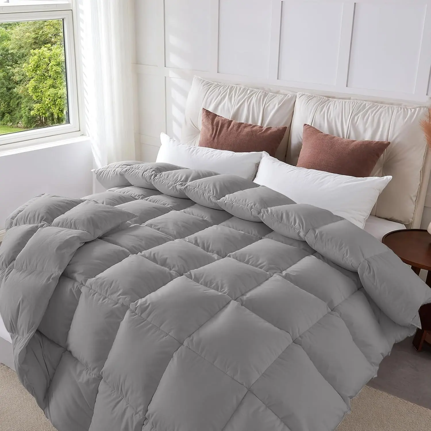 Queen Size Feather Down Comforter - All Season Dark Grey Duvet Insert, Lightweight Box Stitched, Fluffy Breathable, Ultra Soft Quiet Hotel Style with 8 Tabs(90" x 90")