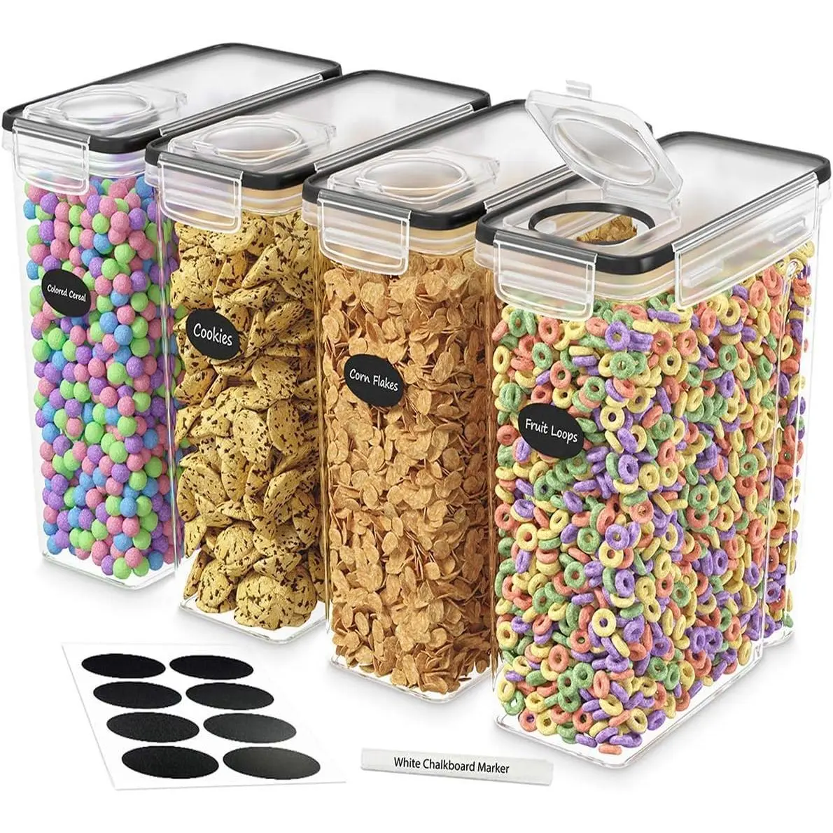 DWËLLZA KITCHEN Cereal Containers Storage 4L Set of 4 Airtight Food Storage Containers with Lids Cereal Dispenser Countertop Pantry Organization Canister for Rice Flour & Sugar 1 Marker 8 Labels