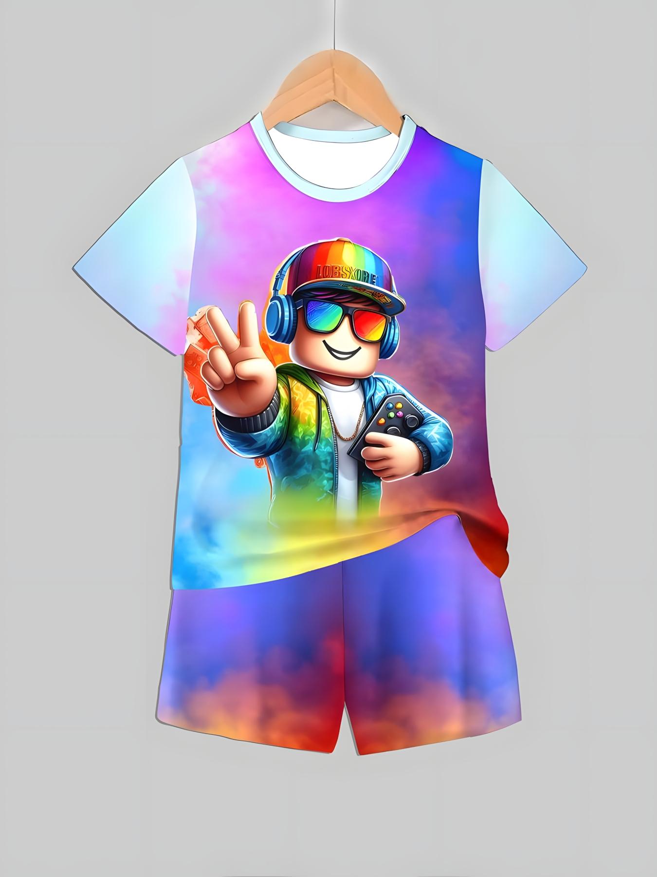 Roblox Rainbow Anime Set, Gradient Color Role-Playing Short Sleeve Shorts, Casual Two-Piece Party Outfit for Girls