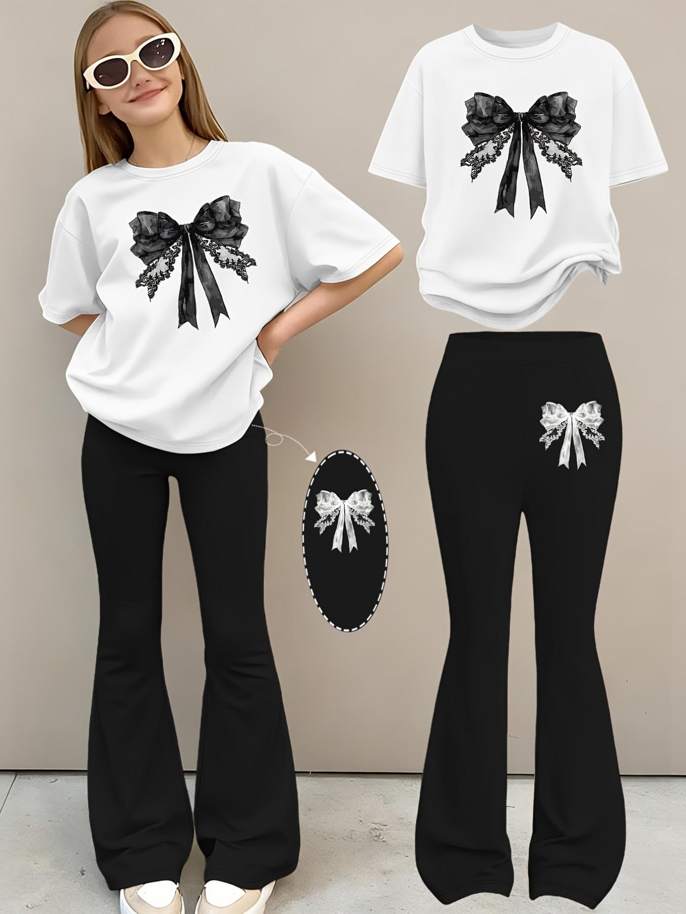 2pcs Girls' Summer Fashion Print Drop Shoulder Short Sleeve T-Shirt + Elastic Bell Pants Set, Comfortable Soft Sweat Absorbing Round Neck T-Shirt + Casual Bell Pants