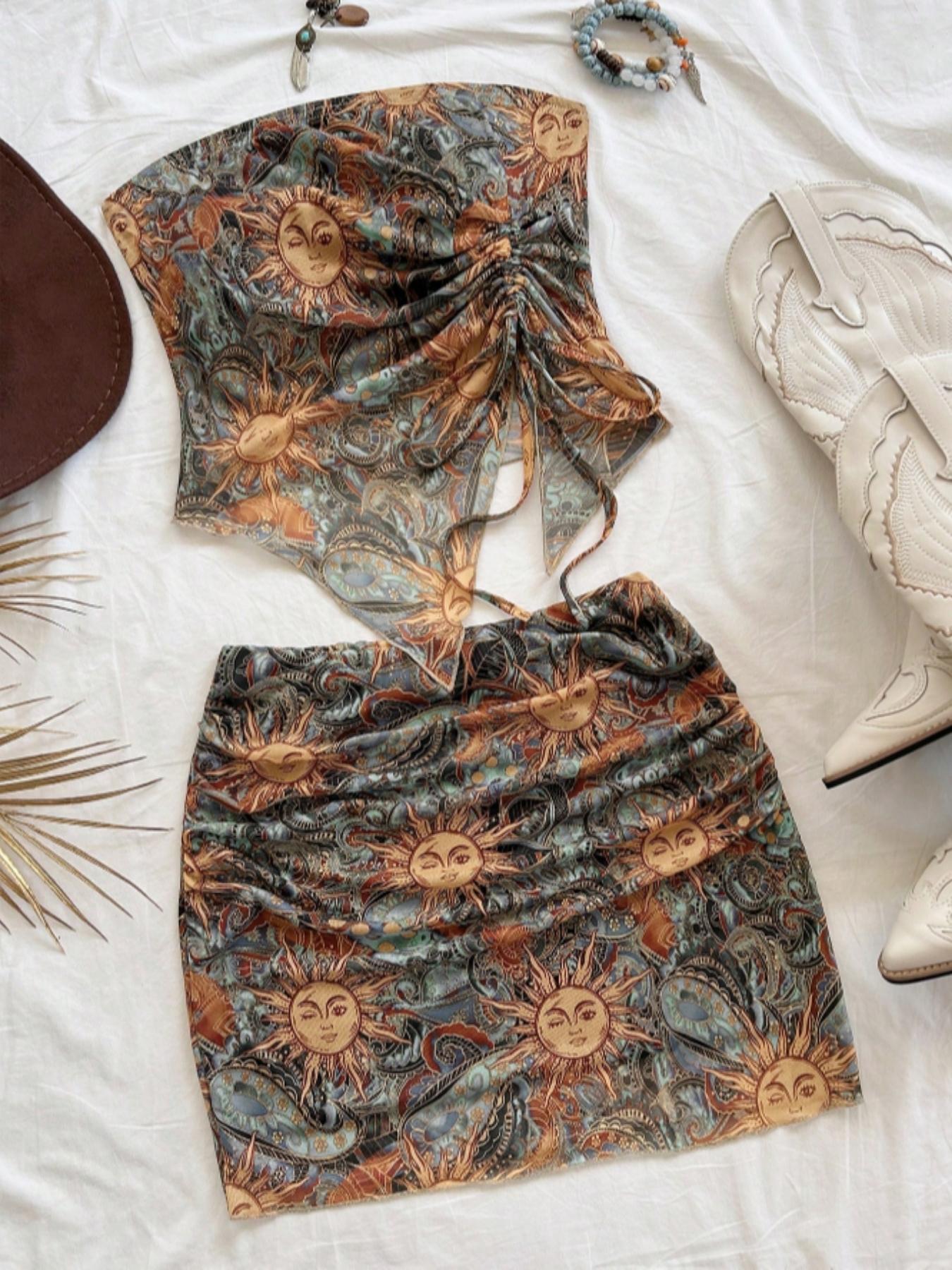 Romantic Floral Print Bandeau Eyelet Mesh Backless Top, Adjustable Drawstring Design, Sleeveless & Strapless Style, Perfect for Summer, Fashion