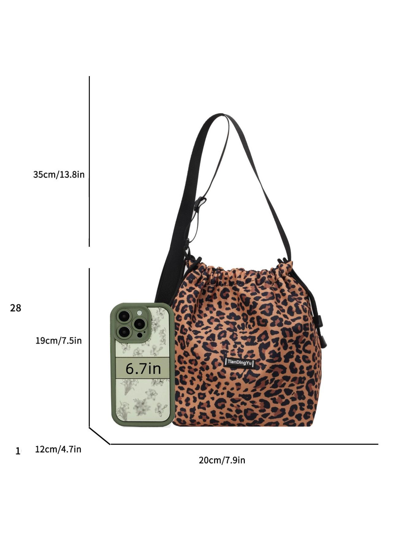 Women's Leopard Print Drawstring Bucket Bag, Lightweight Nylon Crossbody Shoulder Purse, Adjustable Strap, Casual All-Season Handbag