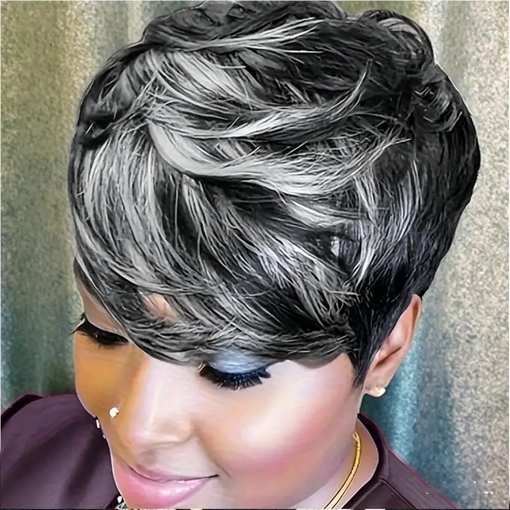 Pixie Cut Wigs for Black Women Short Pixie Curly Wigs Black Grey