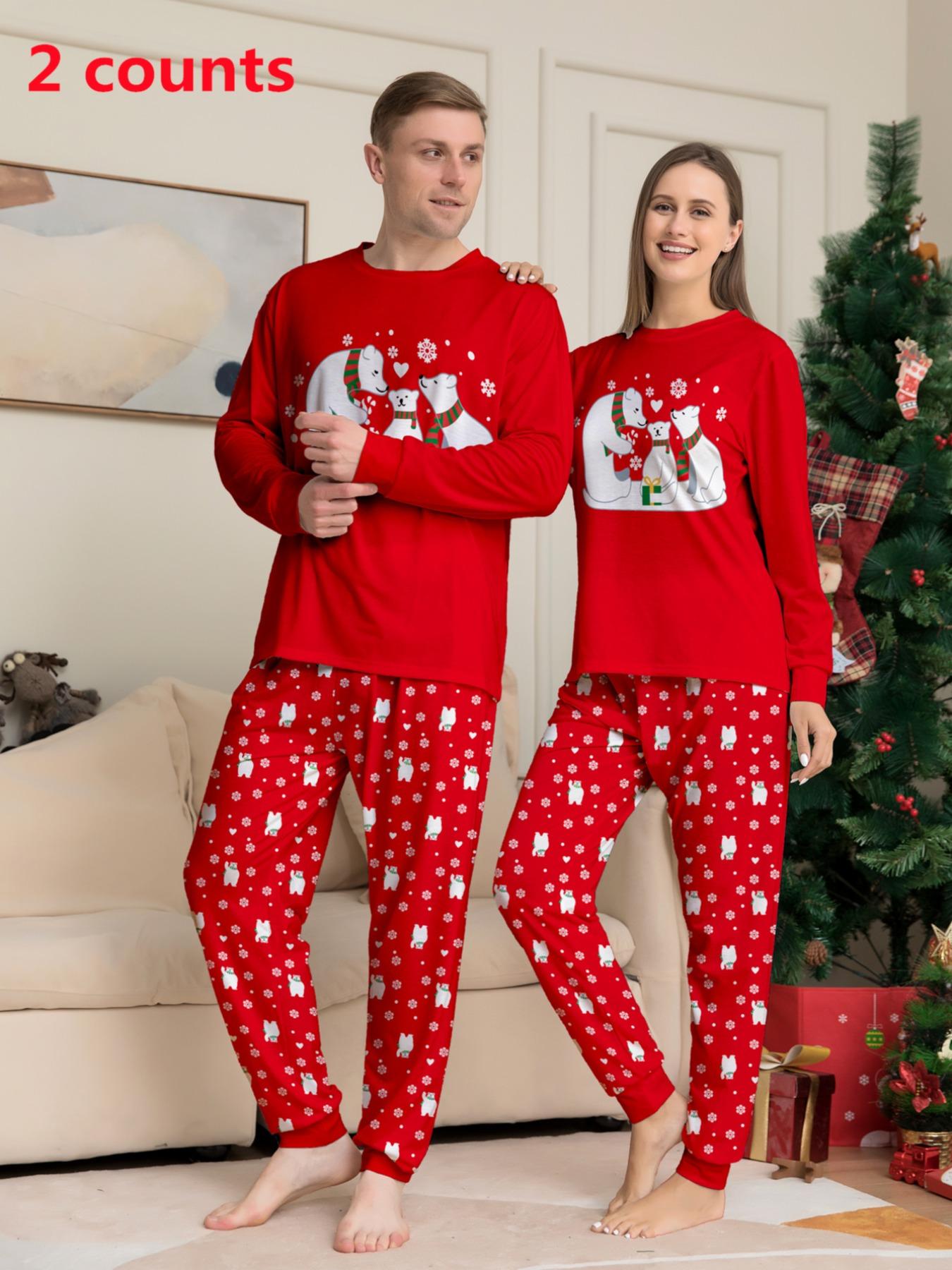 Couple's Christmas Themed Print Pajama Two-piece Set, Casual Comfy Long Sleeve Top & Elastic Waist Pants PJ Set, Men's Sleepwear for Spring & Fall, Loungewear