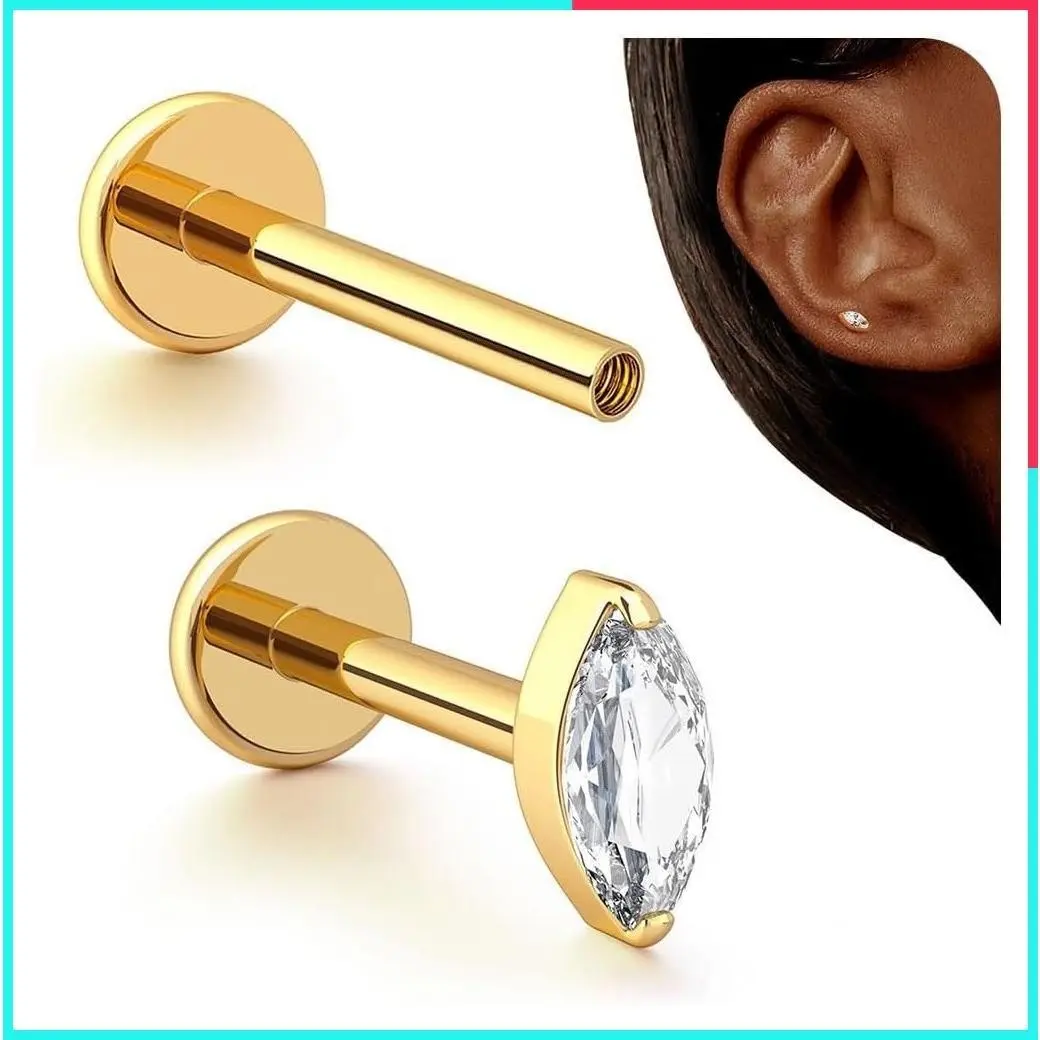 G23 Titanium 16G Flat Back Stud Earrings for Tragus, Conch, Helix, Medusa, Lip & Labret – Hypoallergenic CZ Nose Dangle Body Piercing Jewelry, 14K Gold Plated, Silver, 6mm & 8mm Post Length