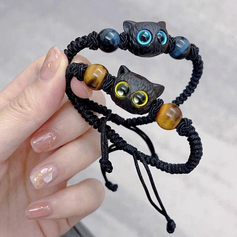 Ancient-Style Woven Cord Kitten Motif Bracelet - Cute Black Kitten Design, Adjustable Size, Bowknot Accent, Unisex Wear, Gift Ideas for Friends or Couples