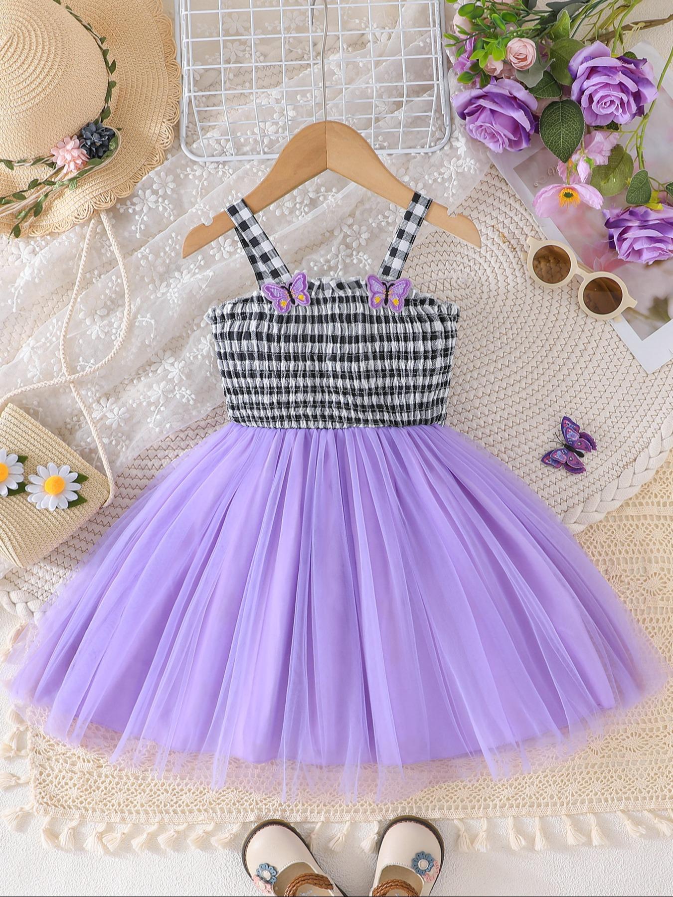 Little Girl Casual Summer Dress, Sleeveless Plaid Smocked Top & Purple Tulle Skirt with Butterfly Decor, Cute Style