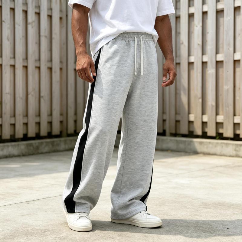 Men's Fashionable Work Pants, Solid Color Wide Leg Sports Pants, Off White Drawstring Elastic Waist, Continuous Black Side Panel Decoration, Breathable Knitted Fabric, Suitable for Urban Street Life, Fashionable Loose Pants