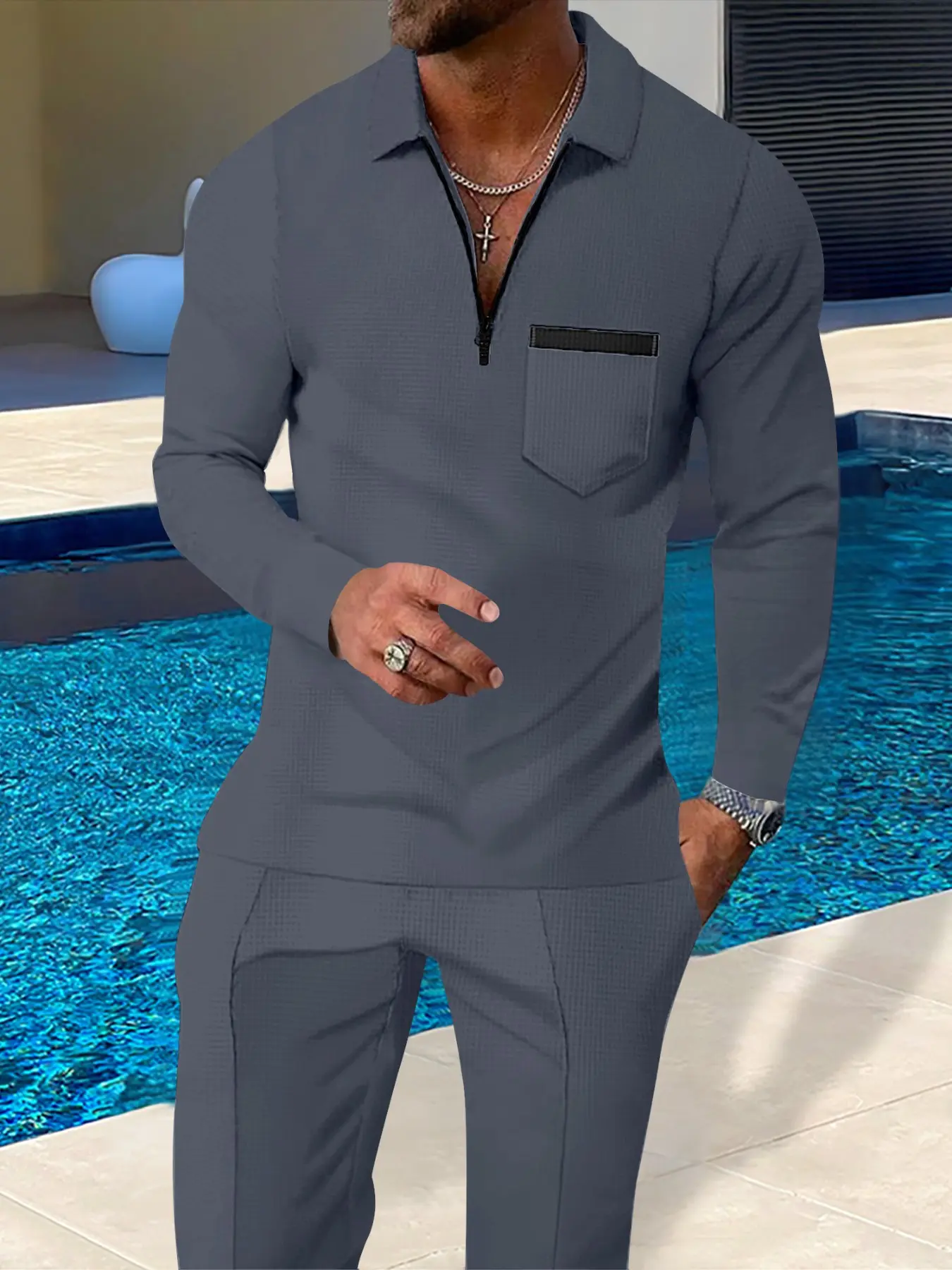 Men's Casual Two-Piece Set, Fall Long Sleeve Shirt & Pants, Outdoor Versatile Pocket Design, Zipper Collar, New Arrival
