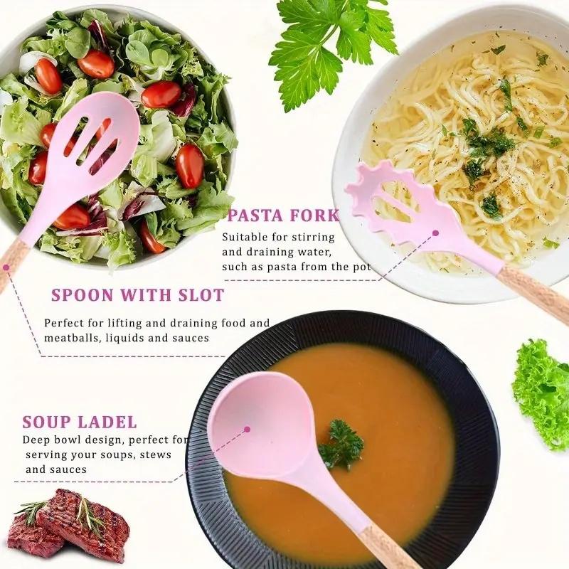 Little Kitchen Utensils Set Silicone Gel Tools WithWooden Handle, Set of 19 Pieces For Home CooksNonstick Spatulas Stirring. Ladle Scraper Spoon Durable Kitchenware Cookware