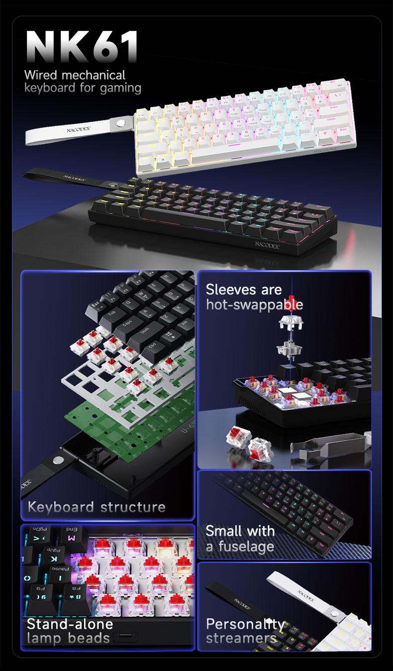 AJAZZ NK61 wired gaming mechanical keyboard AJAZZ red switch compact office keyboard 61 key e-sports gaming keyboard ribbon design dazzling light effects DIY plug and play support multiple systems suitable for gaming and office