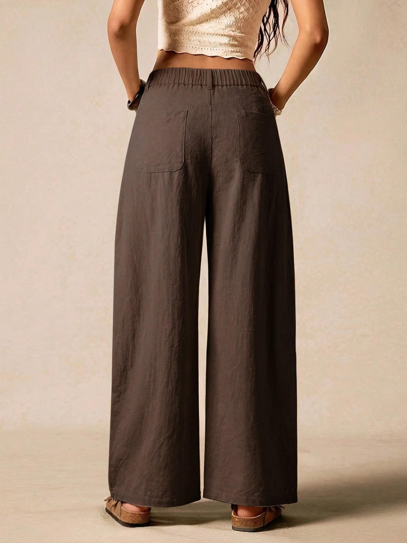 Women's Summer Linen Breathable Lightweight Palazzo Pants Flowy Wide Straight Leg Beach Trousers, Button Pocket Trousers, With Pocket Casual Solid Color Soft Elastic High Waist Travel Vacation Date Brunch Home Work Street wear