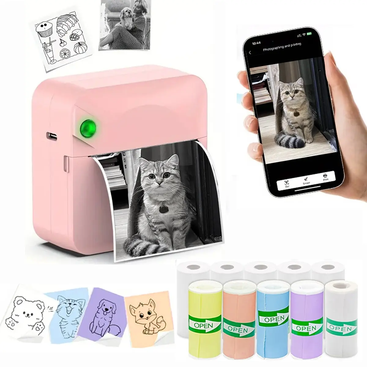 Wireless Mini Printer, Thermal Inkless Label Printer, Includes 10 Rolls of Paper, Ideal for Notes, Diaries, Photos, DIY, Learning
