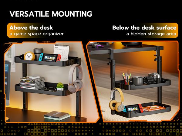 ARES WING 2-Tier Clamp On Desk Shelf, 16 inch Adjustable Above or Under Desk Storage Shelves Holds 44 lbs, Heavy Duty Desktop Organizer with Headphone Holder for Working and Gaming Accessories, Black