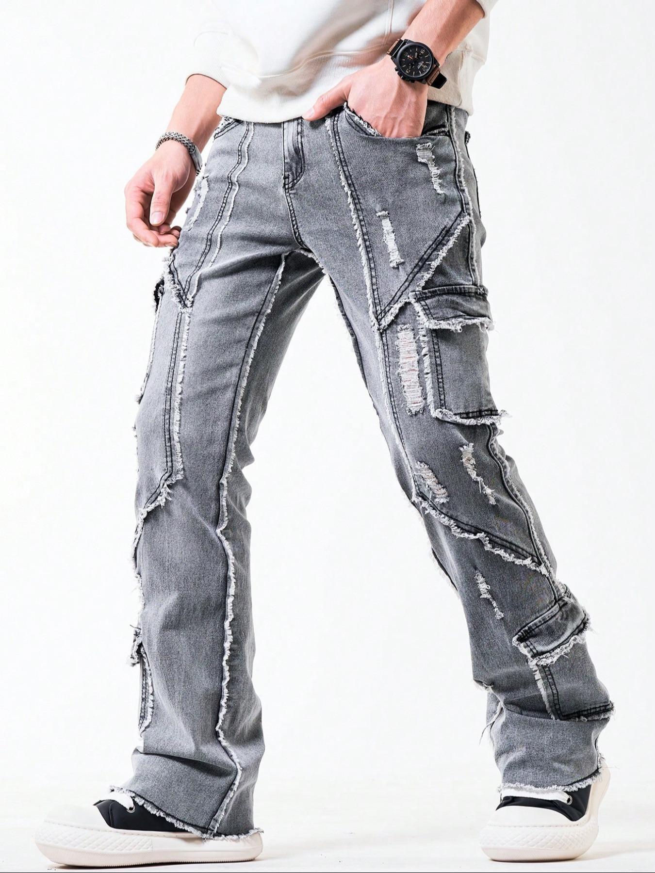 Men's Solid Color Fashion Ripped Fringe Denim Jeans, Mid Waist Stretch Tight Flared Pants with Button Fly, Casual Streetwear Style for Daily Wear