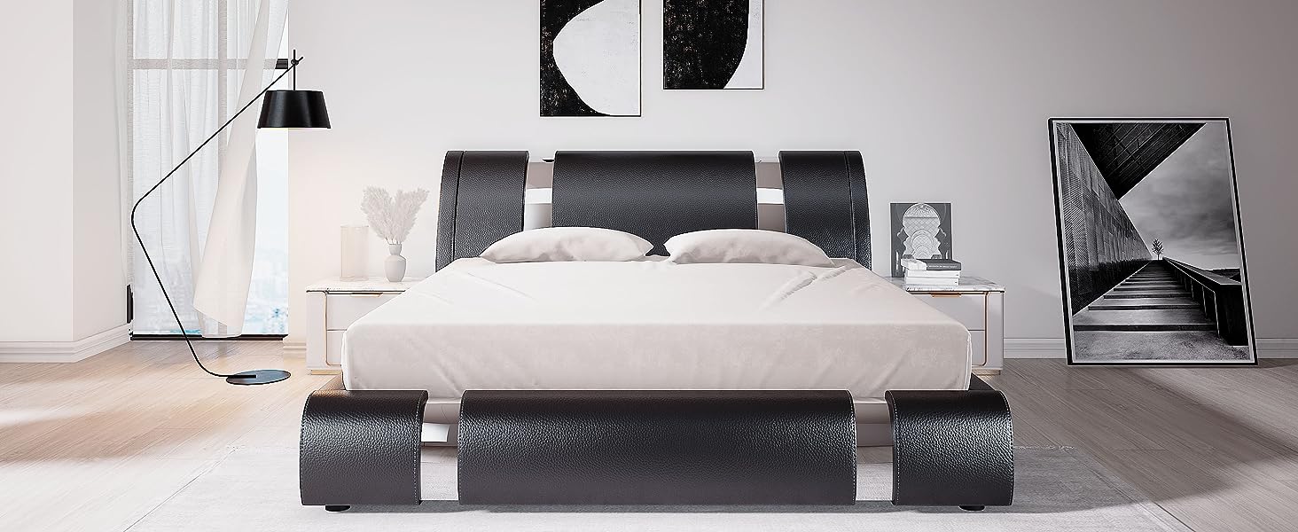 Allewie Queen Size Platform Bed Frame with Iron Piece Decor, Faux Leather Upholstered Bed with Curved Adjustable Headboard, Wooden Slats Support, No Box Spring Needed, Modern Style, White
