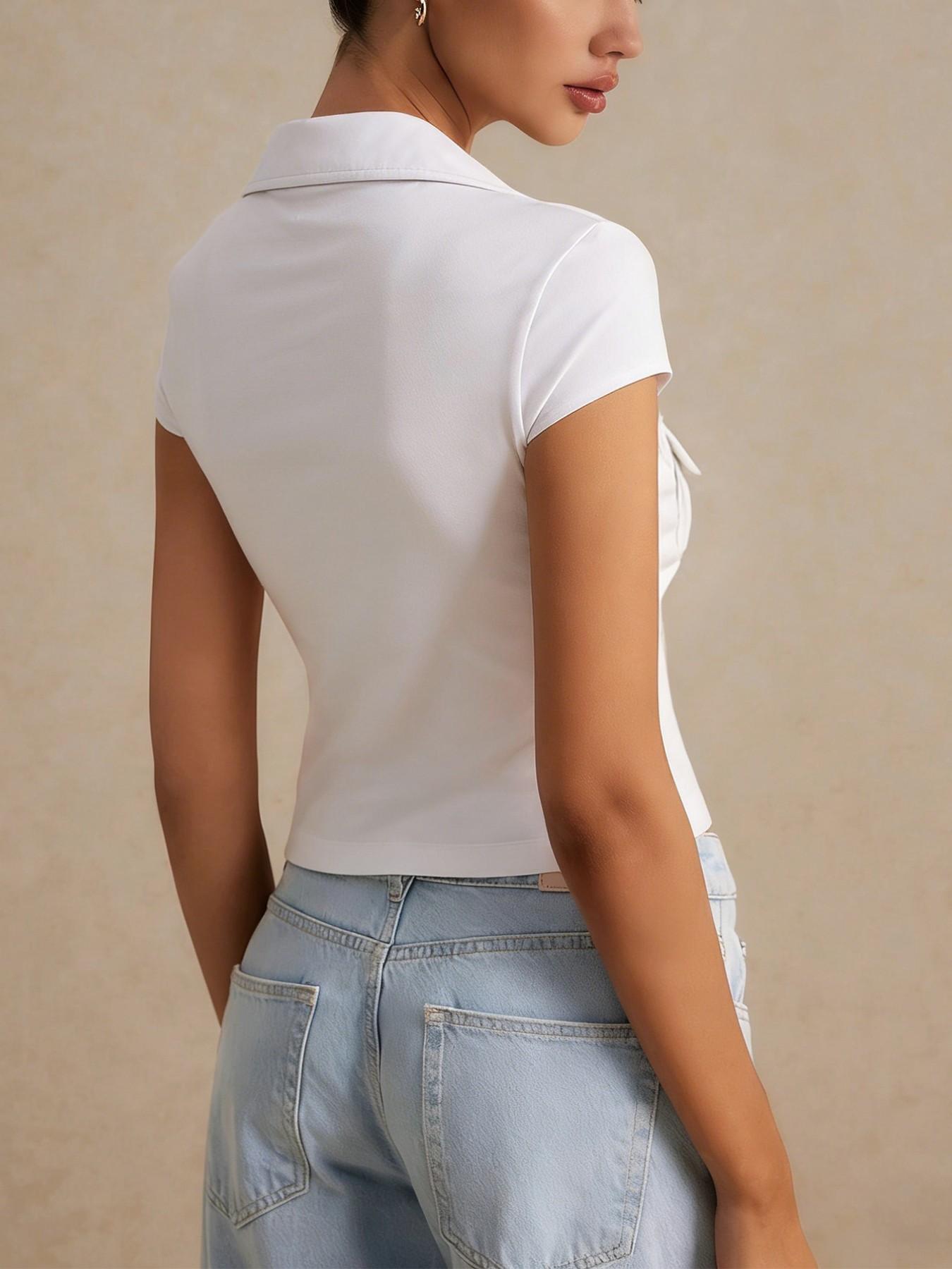 1 Pc Women's White Cropped Button Down Shirt Short Sleeve with Dual Chest Pockets Slim Fit for Casual Office Daily Wear