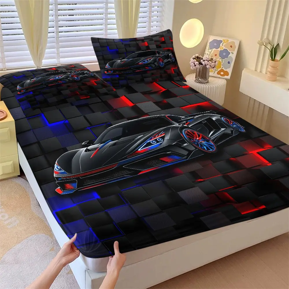 3D Supercar Bed Sheet Set, Blue Light Racing Full Coverage Deep Pocket Non-Slip Mattress Protector, Dual Pillow Cases Included, Bed Sheets Set
