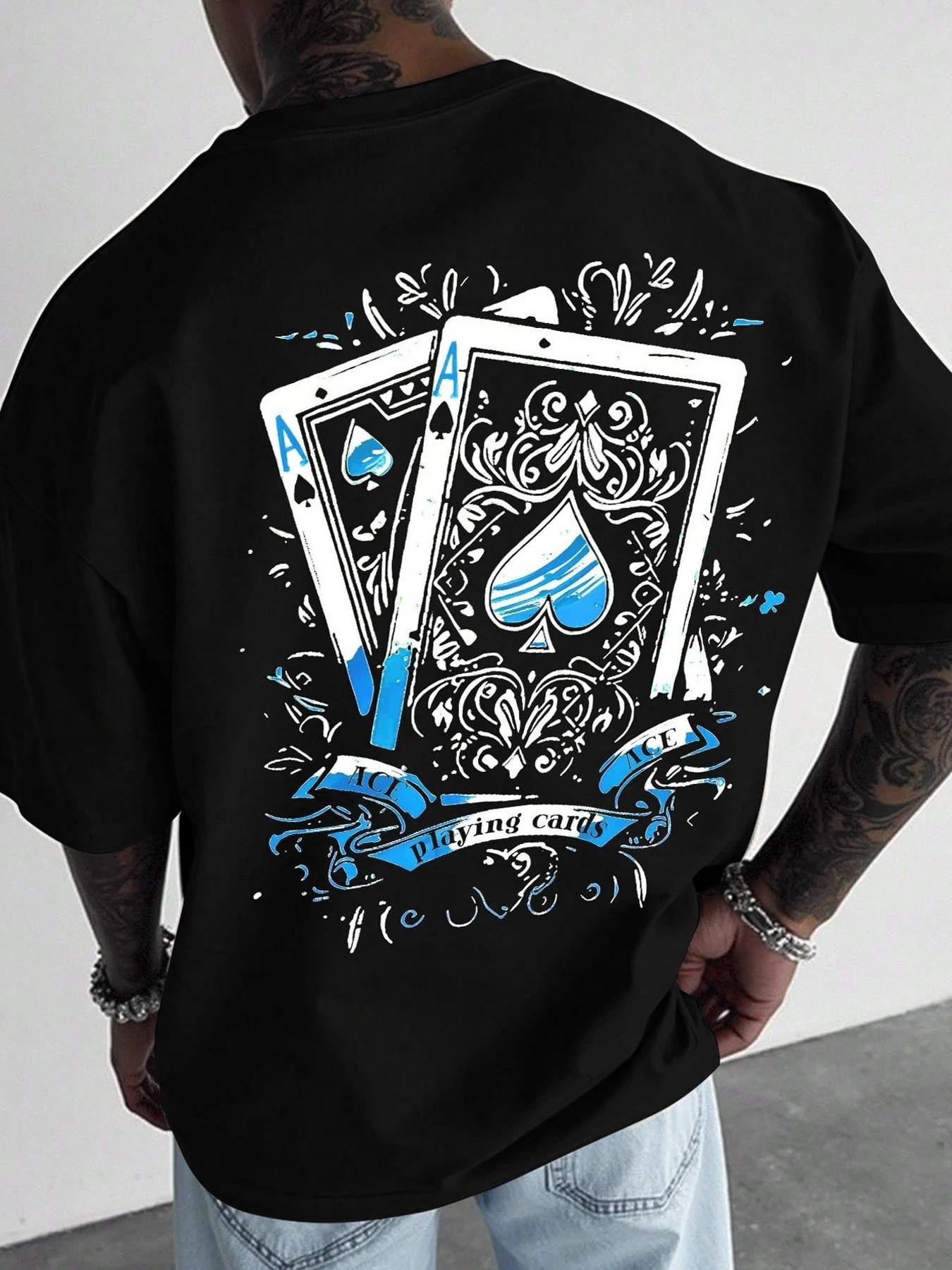 Men's Casual Short-Sleeve T-Shirt, Long Vintage Street Style Ace of Spades Playing Card Print, Loose and Versatile Top, Suitable for Hip-Hop Fashion, Streetwear and Daily Wear