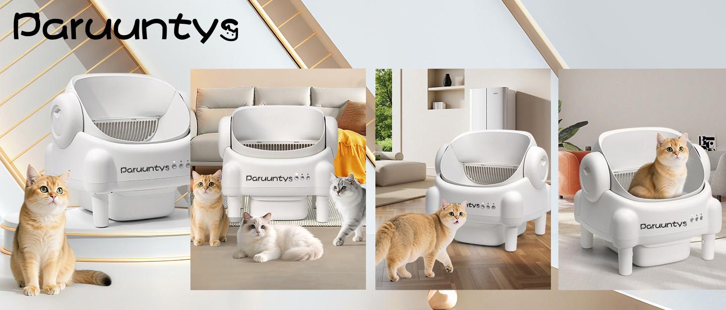 TAYACICY Smart Self Cleaning Litter Box Open Top Automatic with App Control for Multiple Cats Safety Sensors Odor Control Includes 2 Roll Liners Large Waste Bin Cream White