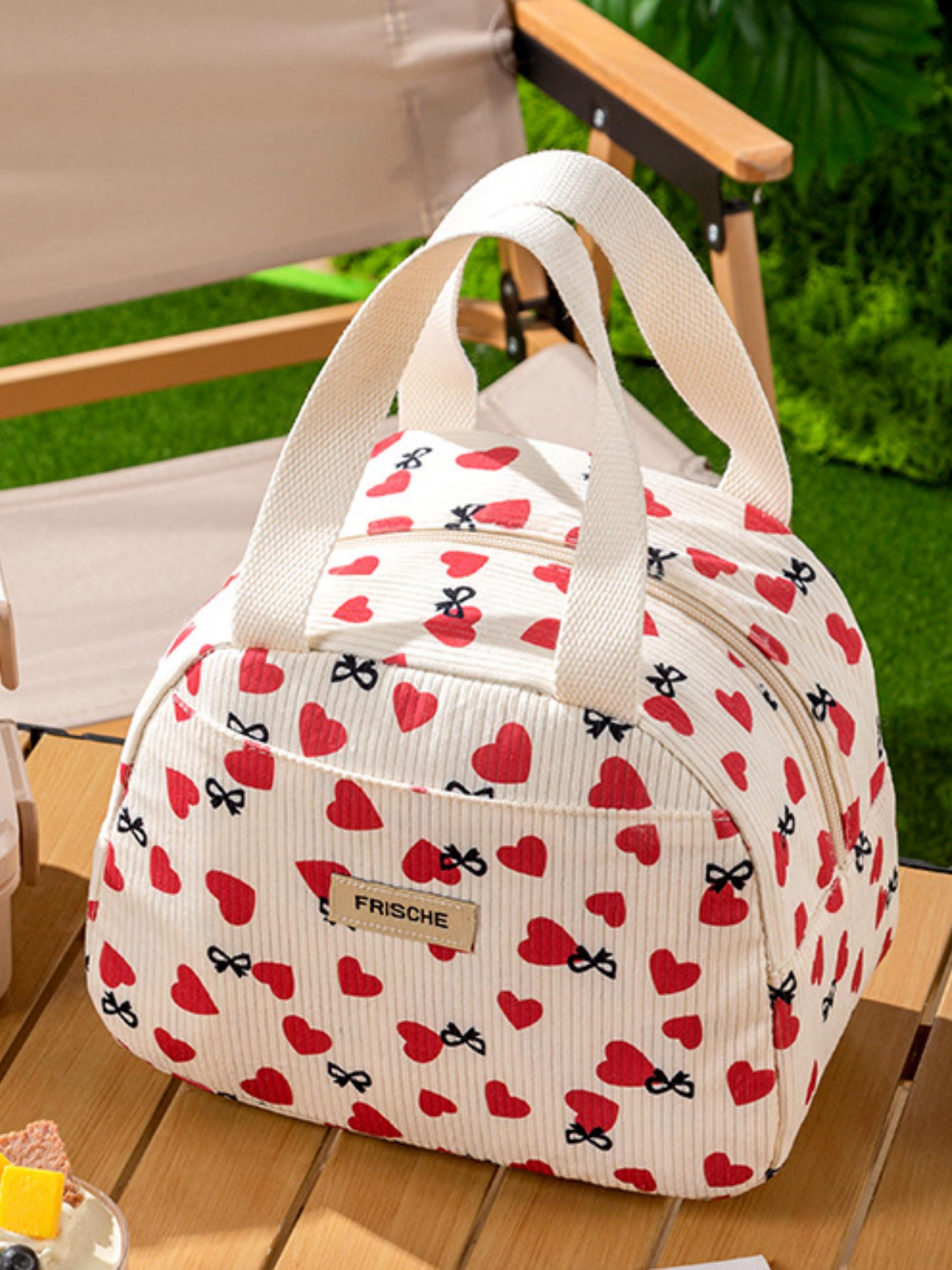 Strawberry Floral Large Capacity Insulated Lunch Box Bag, Heat-Resistant Wide Mouth Bento, Ideal for Picnics, Easy Carry, Spacious, Compatible with Containers