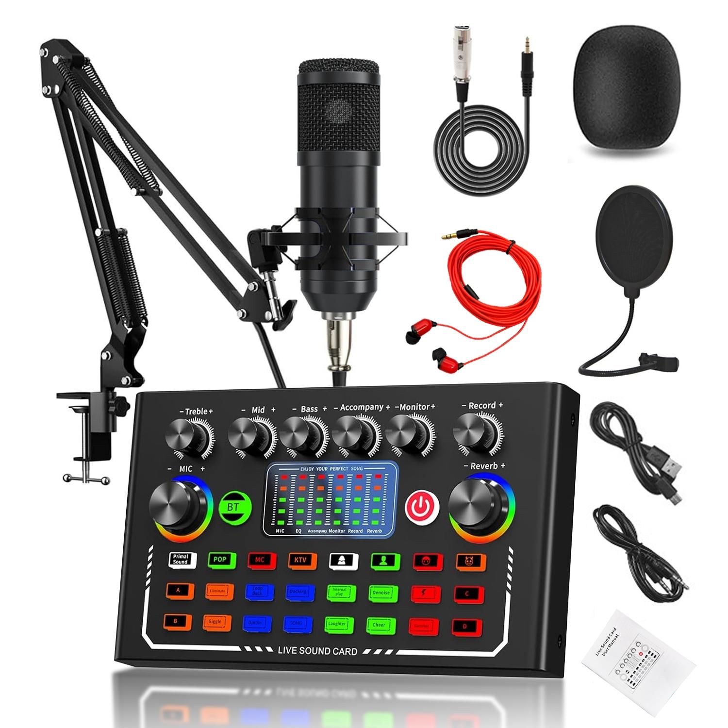 Professional Podcast Equipment Set BT Connection Bm-800 Microphone Kit Dj Sound Control Mixer Live Audio Mixer for Phone Computer Laptop Live Streaming Music Singing