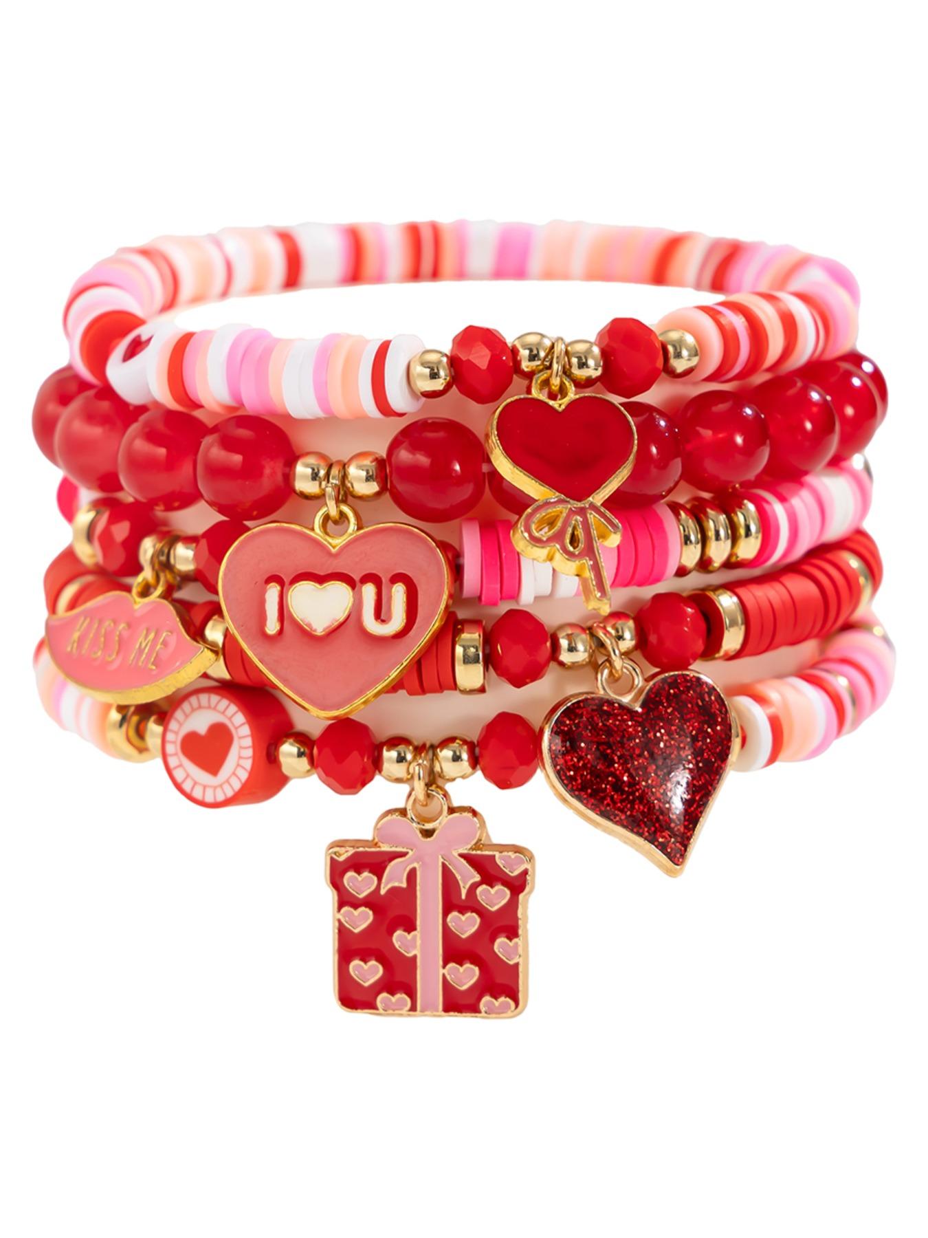 Women's Beaded Charm Bracelet Set, Soft Pottery Chain Material, Heart Pattern Design, Ideal Gift for Women & Girls, All-Season Jewelry