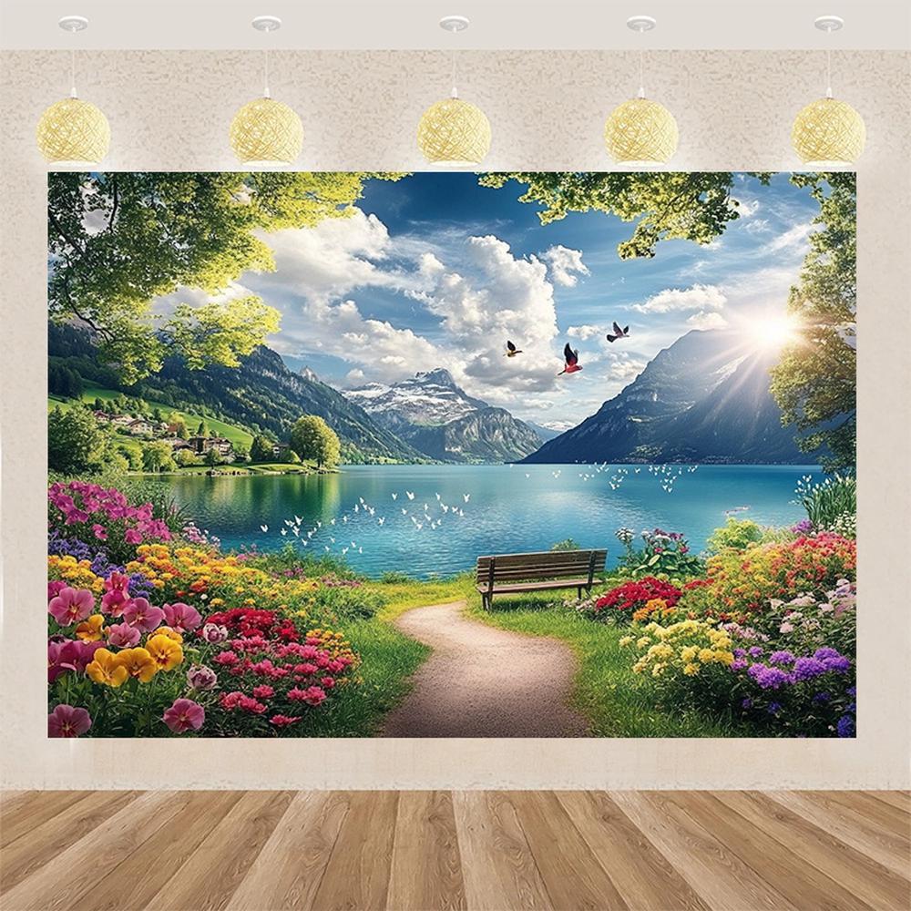Sunrise Lakeside Floral Scene - Photography Backdrop - large Size Photographic Cloth, Outdoor and Indoor Party Banners, Perfect for Holiday Parties, Home Decor & Studio Props, Garage Door Hanging